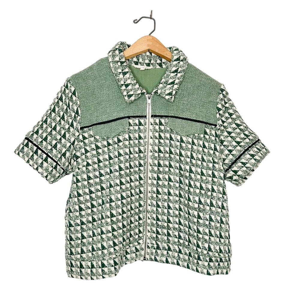Mystree Womens‎ Plaid Tweed Zip Front Short Sleeve Jacket Top Green Medium M